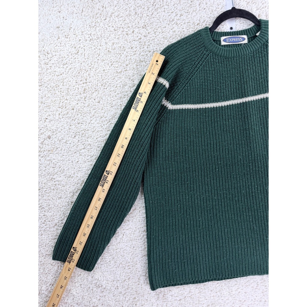 Vintage Express Sweater Women XL Green Ribbed Knit Crewneck Raglan Stripe - Picture 5 of 7